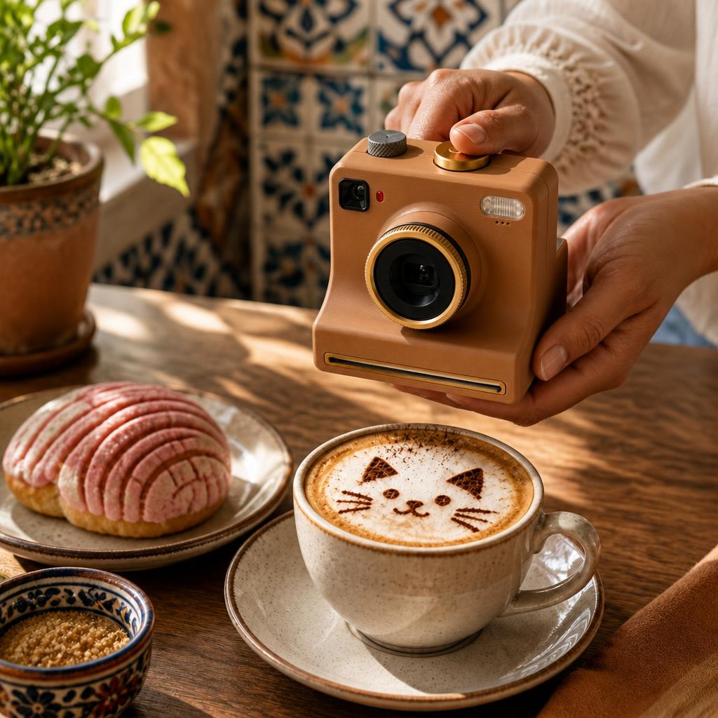 Cafecam color caramelo espolvoreando un gatito de cacao sobre un capuchino junto a una concha